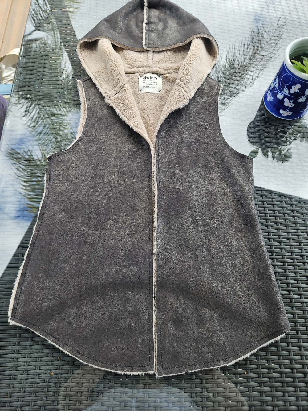 Dylan Faux Suede Sherpa Hooded Vest Brown Gold Size M